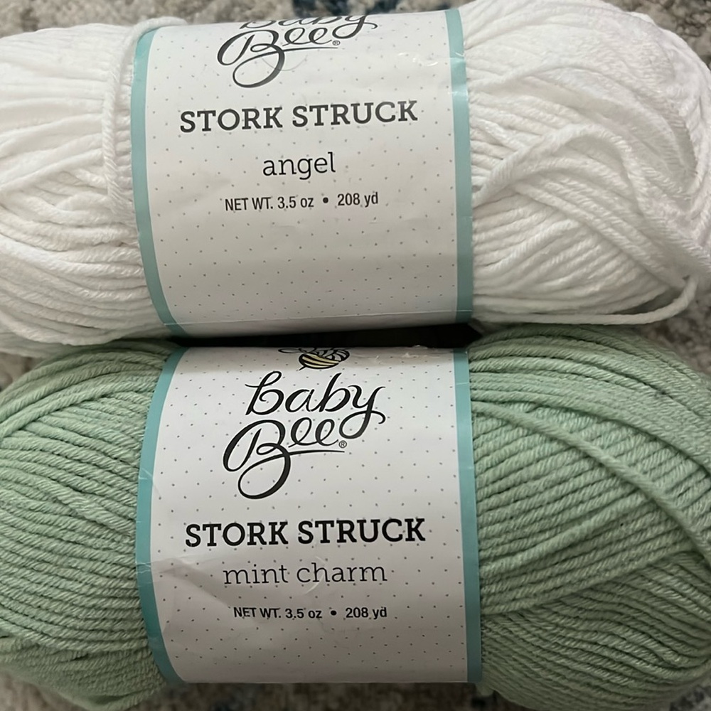 2 Skeins Baby Bee Stork Struck Yarn, Angel and Mint Charm